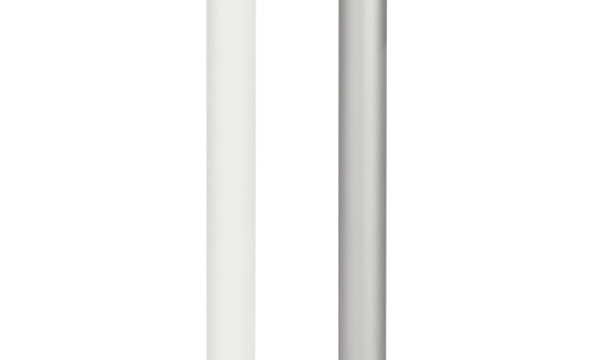 Two minimalist pencils stand vertically against a white background, one in crisp white and the other in metallic silver. Their sleek design echoes the sophistication of Ledge Loungers 6.5 Square Signature 360° Tilt Umbrella, combining simplicity with elegance.