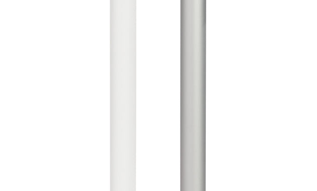 Two minimalist pencils stand vertically against a white background, one in crisp white and the other in metallic silver. Their sleek design echoes the sophistication of Ledge Loungers 6.5 Square Signature 360° Tilt Umbrella, combining simplicity with elegance.