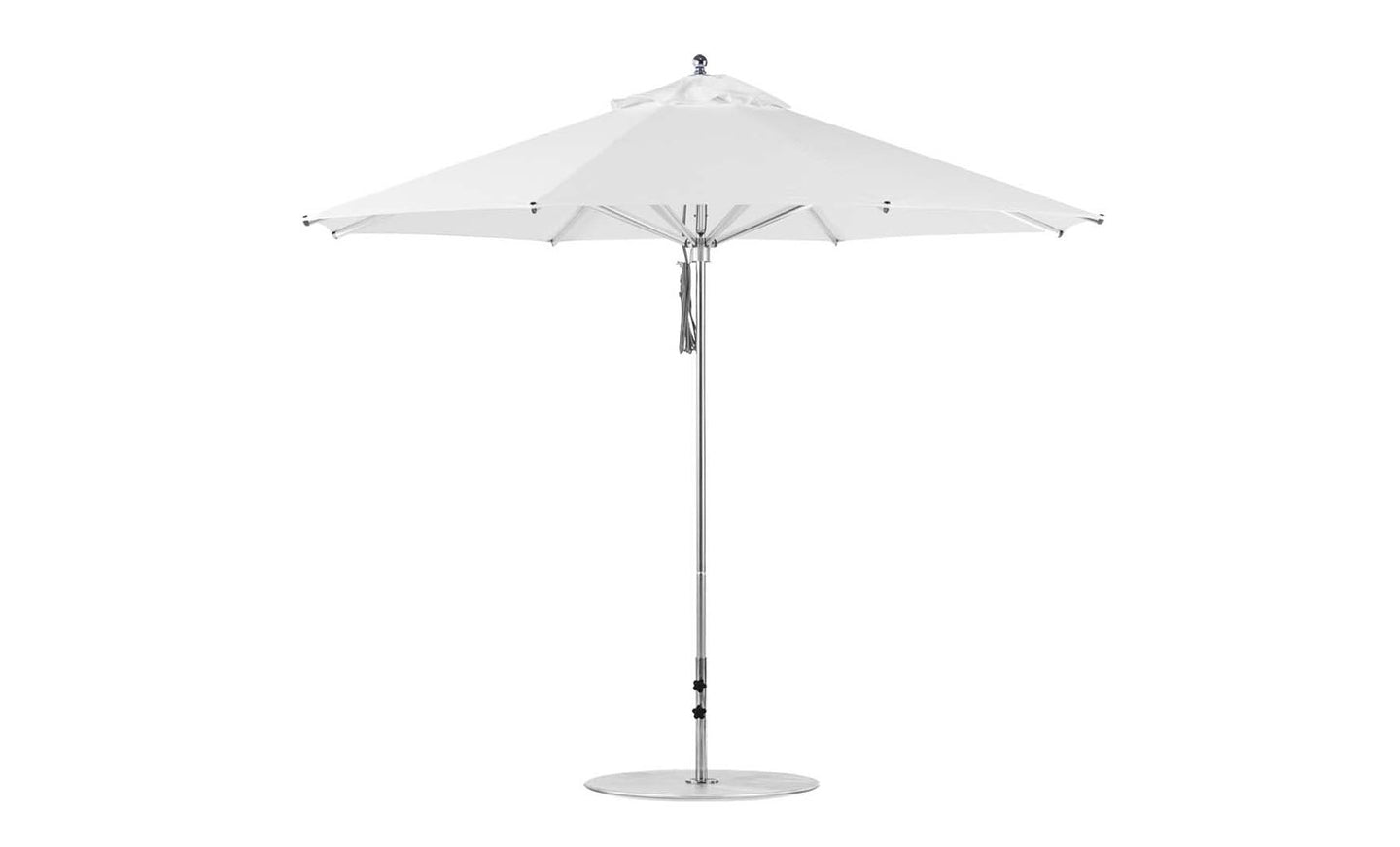The Ledge Lounger Premier Aluminum Umbrella - 11 Octagon Pulley features marine-grade fabric with a large white canopy and sleek metal pole, revealing sturdy ribs and a round base for wind-resistant shade in outdoor spaces.