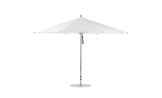 The Ledge Lounger Premier Aluminum Umbrella features a 13 octagon canopy and a central pole on a circular base. Elegantly open against a plain white backdrop, it is crafted from high-quality materials and wind resistant.