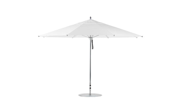 The Ledge Lounger Premier Aluminum Umbrella features a 13 octagon canopy and a central pole on a circular base. Elegantly open against a plain white backdrop, it is crafted from high-quality materials and wind resistant.