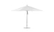 The Ledge Lounger Premier Aluminum Umbrella features a 13 octagon canopy and a central pole on a circular base. Elegantly open against a plain white backdrop, it is crafted from high-quality materials and wind resistant.