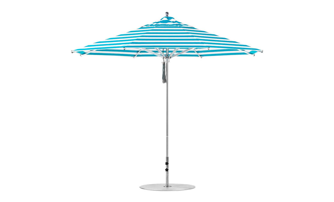 The Ledge Lounger Premier Aluminum Umbrella features an 11 octagon pulley with blue and white stripes and a pointed top. It includes a slender, adjustable white pole, a stable round base, wind-resistant marine-grade fabrics, and provides a neat appearance.