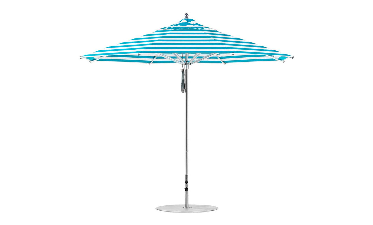 The Ledge Lounger Premier Aluminum Umbrella features an 11 octagon pulley with blue and white stripes and a pointed top. It includes a slender, adjustable white pole, a stable round base, wind-resistant marine-grade fabrics, and provides a neat appearance.