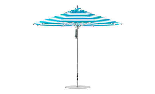 The Ledge Lounger Premier Aluminum Umbrella features an 11 octagon pulley with blue and white stripes and a pointed top. It includes a slender, adjustable white pole, a stable round base, wind-resistant marine-grade fabrics, and provides a neat appearance.