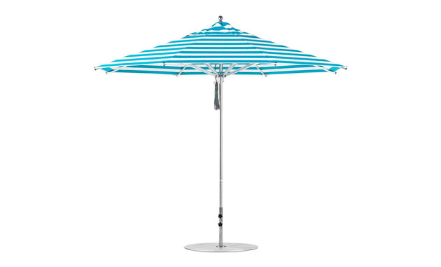 The Ledge Lounger Premier Aluminum Umbrella features an 11 octagon pulley with blue and white stripes and a pointed top. It includes a slender, adjustable white pole, a stable round base, wind-resistant marine-grade fabrics, and provides a neat appearance.