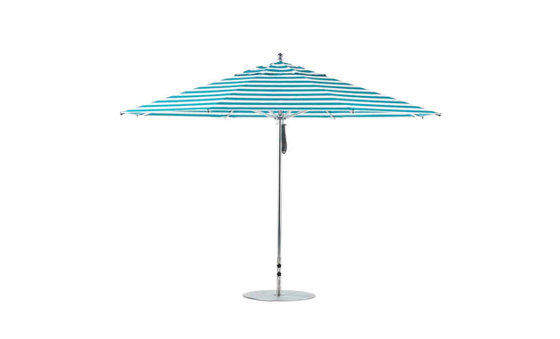 Introducing the Premier Aluminum Umbrella by Ledge Lounger. This 13 octagon pulley umbrella boasts high-quality materials, blue and white stripes, a sleek silver pole with a round base, making it perfect for patios or gardens with its stylish and wind-resistant wide canopy when fully open.