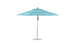 Introducing the Premier Aluminum Umbrella by Ledge Lounger. This 13 octagon pulley umbrella boasts high-quality materials, blue and white stripes, a sleek silver pole with a round base, making it perfect for patios or gardens with its stylish and wind-resistant wide canopy when fully open.