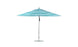 Introducing the Premier Aluminum Umbrella by Ledge Lounger. This 13 octagon pulley umbrella boasts high-quality materials, blue and white stripes, a sleek silver pole with a round base, making it perfect for patios or gardens with its stylish and wind-resistant wide canopy when fully open.