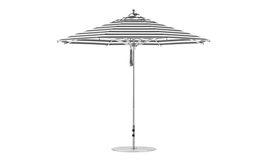The Ledge Lounger Premier Aluminum Umbrella - 11 Octagon Pulley, with black and white stripes, features a pointed top and slender pole on a round base. Its constructed from marine-grade fabrics for excellent wind resistance.