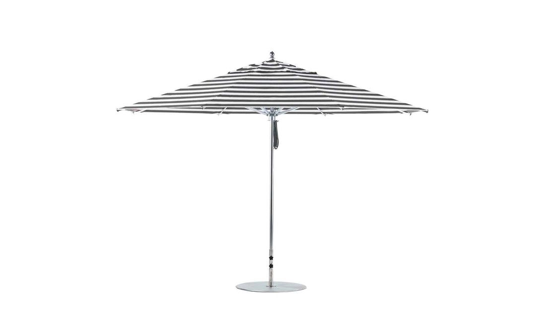 Discover the Ledge Lounger Premier Aluminum Umbrella, featuring a chic black-and-white striped 13 octagon canopy. This outdoor umbrella boasts a durable metal pole and base with a modern design, offering both style and wind resistance.