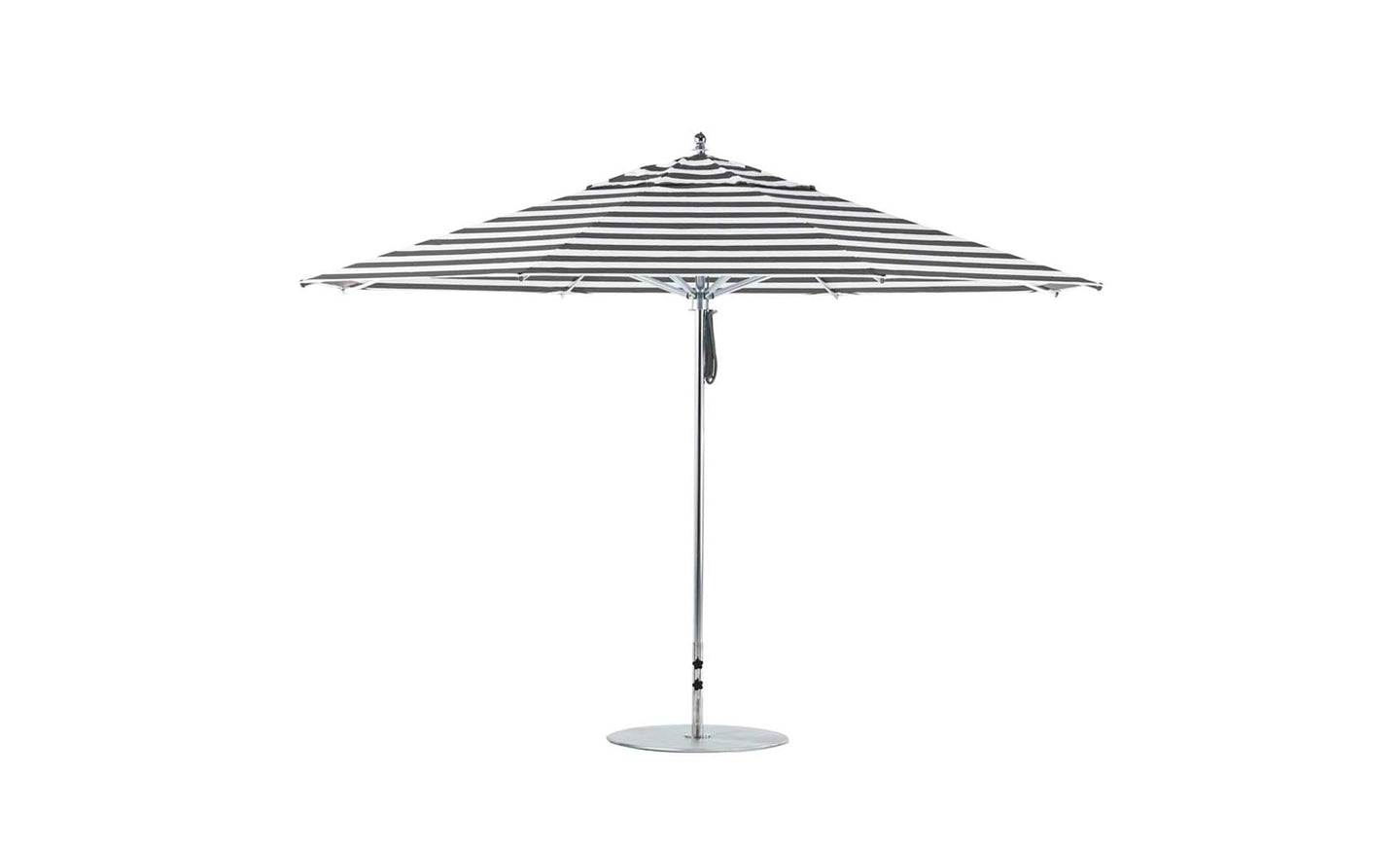 Discover the Ledge Lounger Premier Aluminum Umbrella, featuring a chic black-and-white striped 13 octagon canopy. This outdoor umbrella boasts a durable metal pole and base with a modern design, offering both style and wind resistance.