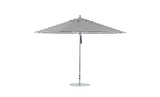 Discover the Ledge Lounger Premier Aluminum Umbrella, featuring a chic black-and-white striped 13 octagon canopy. This outdoor umbrella boasts a durable metal pole and base with a modern design, offering both style and wind resistance.