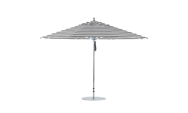 Discover the Ledge Lounger Premier Aluminum Umbrella, featuring a chic black-and-white striped 13 octagon canopy. This outdoor umbrella boasts a durable metal pole and base with a modern design, offering both style and wind resistance.