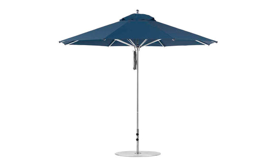 The Ledge Lounger Premier Aluminum Umbrella - 11 Octagon Pulley features a blue canopy and metal pole, showcasing its round shape. Made from marine-grade fabrics with multiple ribs, its designed to be wind resistant for outdoor use.