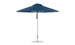 The Ledge Lounger Premier Aluminum Umbrella - 11 Octagon Pulley features a blue canopy and metal pole, showcasing its round shape. Made from marine-grade fabrics with multiple ribs, its designed to be wind resistant for outdoor use.