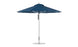 The Ledge Lounger Premier Aluminum Umbrella - 11 Octagon Pulley features a blue canopy and metal pole, showcasing its round shape. Made from marine-grade fabrics with multiple ribs, its designed to be wind resistant for outdoor use.