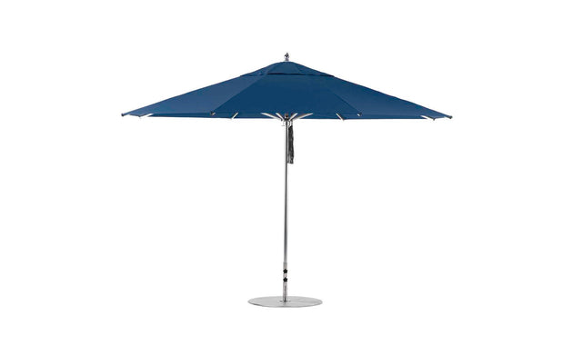 The Ledge Lounger Premier Aluminum Umbrella - 13 Octagon Pulley boasts a blue patio canopy, a sleek metal pole with a round base, and high-quality construction for sun protection and wind resistance, ideal for any outdoor space.