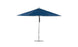 The Ledge Lounger Premier Aluminum Umbrella - 13 Octagon Pulley boasts a blue patio canopy, a sleek metal pole with a round base, and high-quality construction for sun protection and wind resistance, ideal for any outdoor space.