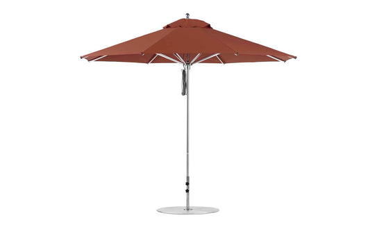 The Ledge Lounger Premier Aluminum Umbrella - 11 Octagon Pulley features a brown canopy of marine-grade fabric, supported by a silver pole with a round base. Its eight-panel design is fully open, offering wind-resistant shade for outdoor settings.