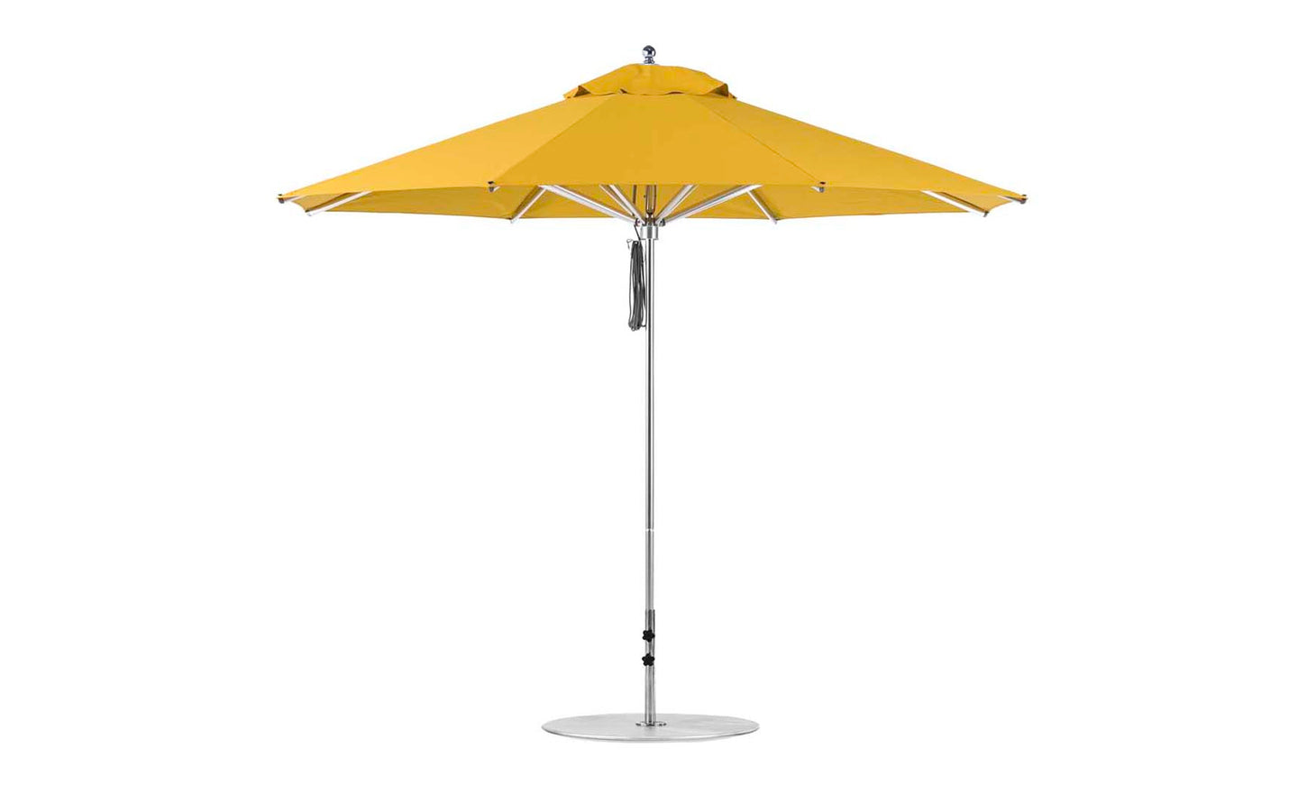 Introducing the Ledge Loungers Premier Aluminum Umbrella - 11 Octagon Pulley, featuring marine-grade fabrics. This yellow umbrella has a sleek modern design, wind resistance, and a straight silver pole with a wide circular base for stability. Its eight-sectioned canopy is fully open.
