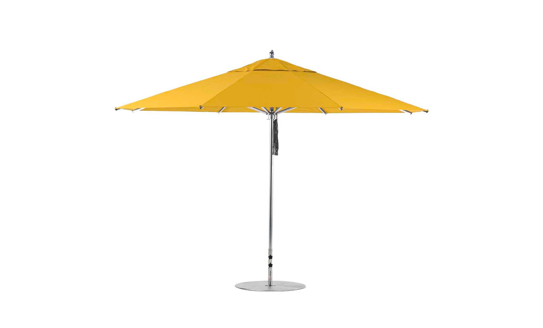 The Ledge Lounger Premier Aluminum Umbrella - 13 Octagon Pulley features a vivid yellow canopy and robust silver pole. Its wind-resistant design promises durability and elegance on any patio, fully open against a white backdrop. Crafted from high-quality materials for lasting use.