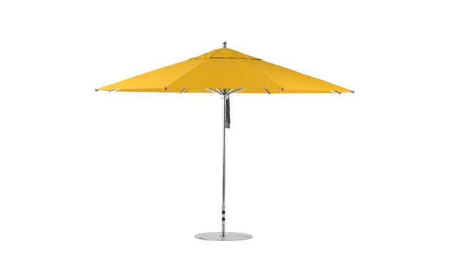 The Ledge Lounger Premier Aluminum Umbrella - 13 Octagon Pulley features a vivid yellow canopy and robust silver pole. Its wind-resistant design promises durability and elegance on any patio, fully open against a white backdrop. Crafted from high-quality materials for lasting use.