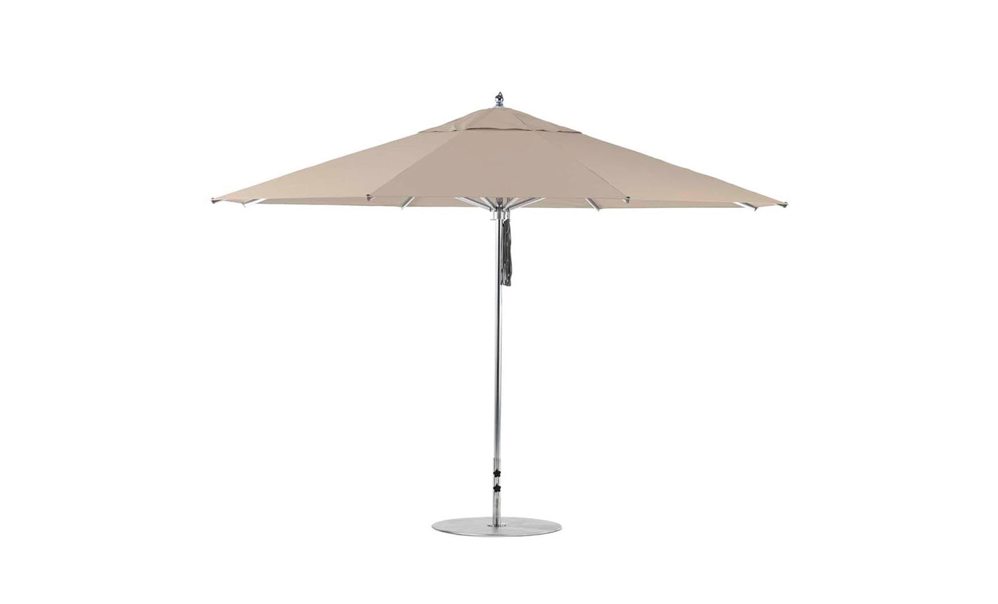 The Premier Aluminum Umbrella - 13 Octagon Pulley by Ledge Lounger features a beige octagon canopy, slim metal pole, and circular base. Made from wind-resistant materials, it stands elegantly open against a plain white background.