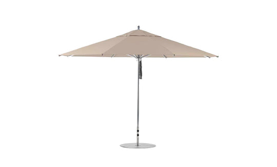 The Premier Aluminum Umbrella - 13 Octagon Pulley by Ledge Lounger features a beige octagon canopy, slim metal pole, and circular base. Made from wind-resistant materials, it stands elegantly open against a plain white background.