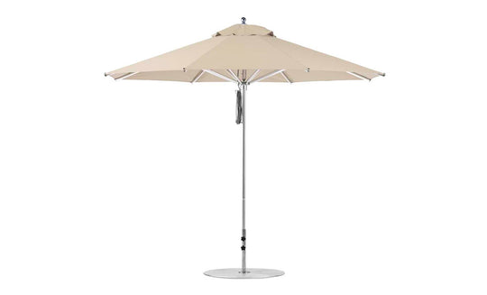 The Ledge Lounger Premier Aluminum Umbrella boasts an 11 octagon beige canopy made from marine-grade fabric, with a straight metal pole and round base, offering smooth, wind-resistant outdoor enjoyment.