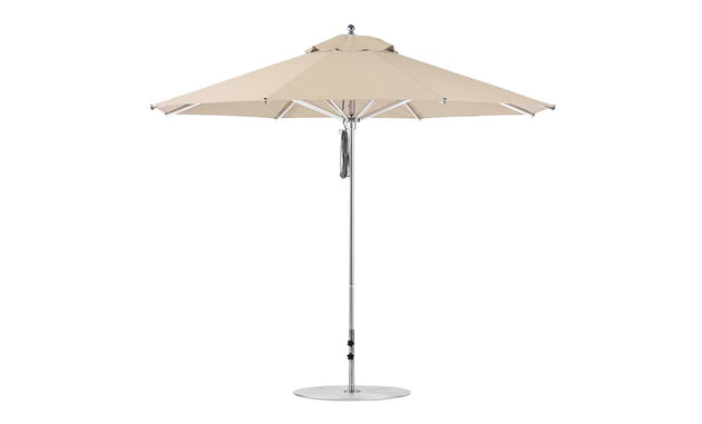 The Ledge Lounger Premier Aluminum Umbrella boasts an 11 octagon beige canopy made from marine-grade fabric, with a straight metal pole and round base, offering smooth, wind-resistant outdoor enjoyment.