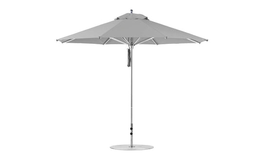 The Ledge Lounger Premier Aluminum Umbrella - 11 Octagon Pulley boasts a gray outdoor patio design with an octagonal canopy and metal pole on a circular base. Its marine-grade fabrics ensure durability, standing proudly against a plain white background.