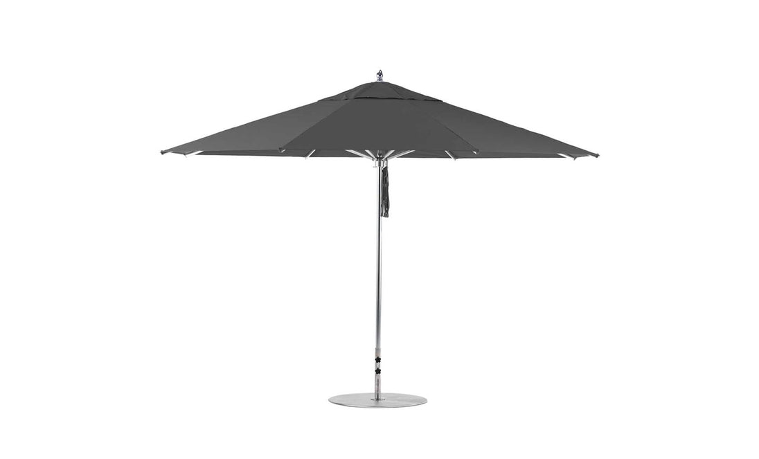 The Ledge Lounger Premier Aluminum Umbrella - 13 Octagon Pulley has a robust, dark gray canopy and a metallic pole on a circular base. This wind-resistant umbrella shines against a plain white backdrop.