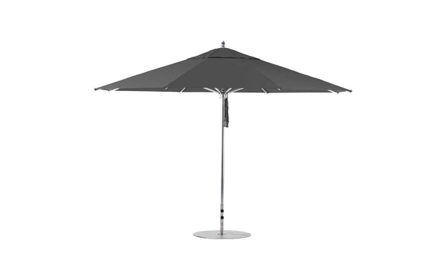 The Ledge Lounger Premier Aluminum Umbrella - 13 Octagon Pulley has a robust, dark gray canopy and a metallic pole on a circular base. This wind-resistant umbrella shines against a plain white backdrop.