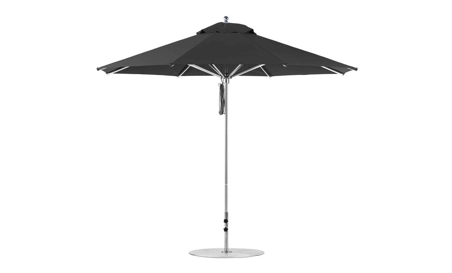 The Ledge Lounger Premier Aluminum Umbrella - 11 Octagon Pulley offers a black octagonal canopy made of marine-grade fabrics. Expertly crafted for durability, it features a sleek metal pole with a circular base, ensuring wind-resistant protection and reliable outdoor shade.