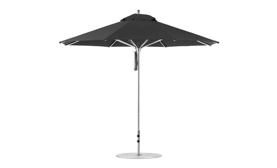 The Ledge Lounger Premier Aluminum Umbrella - 11 Octagon Pulley offers a black octagonal canopy made of marine-grade fabrics. Expertly crafted for durability, it features a sleek metal pole with a circular base, ensuring wind-resistant protection and reliable outdoor shade.