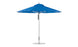 The Premier Aluminum Umbrella - 11 Octagon Pulley by Ledge Lounger features a blue canopy with a white pole and circular base. Its fabric canopy is supported by multiple spokes, using marine-grade materials for wind resistance and durability in any outdoor setting.