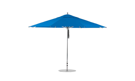 The Ledge Lounger Premier Aluminum Umbrella - 13 Octagon Pulley boasts a blue canopy with a silver pole and round base, featuring a sleek, modern design. Crafted from high-quality materials, its known for superior durability and wind resistance in outdoor settings.