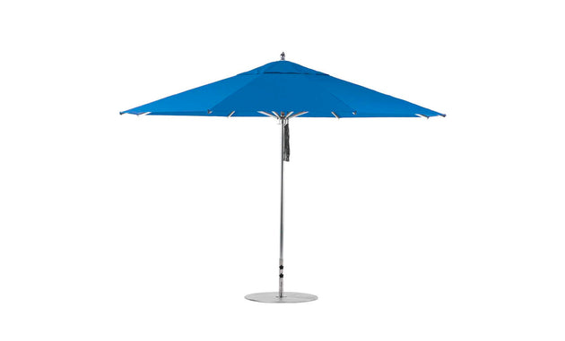 The Ledge Lounger Premier Aluminum Umbrella - 13 Octagon Pulley boasts a blue canopy with a silver pole and round base, featuring a sleek, modern design. Crafted from high-quality materials, its known for superior durability and wind resistance in outdoor settings.
