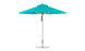 The Ledge Lounger Premier Aluminum Umbrella - 11 Octagon Pulley showcases a turquoise marine-grade fabric canopy on a thin silver pole with a robust round metal base, fully opened against a white background. Its designed to resist wind effectively.