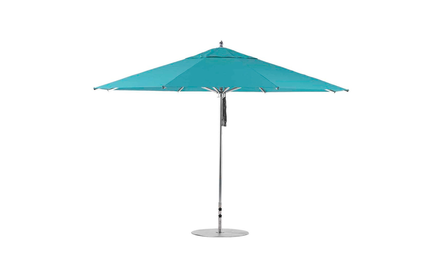 The Ledge Lounger Premier Aluminum Umbrella - 13 Octagon Pulley features a turquoise canopy, slim metal pole, and circular base. Its wind-resistant, stylishly stands out against a white background, and offers both style and lasting durability.