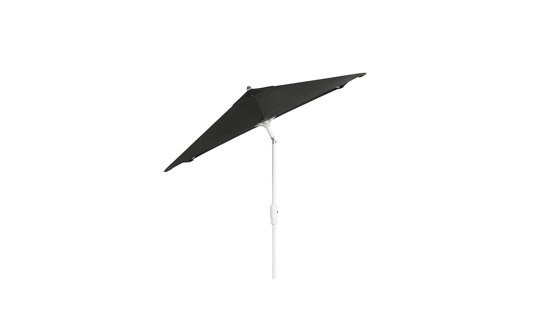 A dark green, triangular canopy parasol with a rustproof frame and angled white pole by Ledge Lounger. This 6.5 Square Signature 360° Tilt Umbrella is perfect for outdoor shade on sunny days, shown against a plain white background.