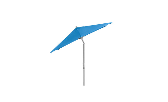 A blue, triangular-canopy 6.5 Square Signature 360° Tilt Umbrella by Ledge Lounger features a wind-resistant, rustproof frame on a light gray pole against a plain white background.