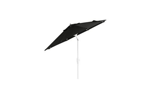 The 7.5 Octagon Signature 360° Tilt Umbrella by Ledge Lounger features a black canopy and white pole. Against a plain white background, it showcases outdoor elegance with its premium materials and slight tilt.