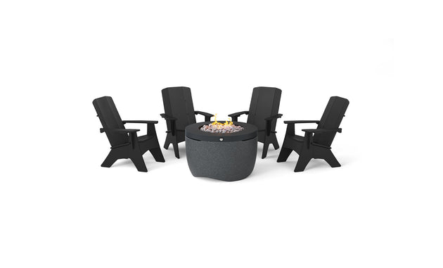 The Halo Aglow Bundle by Ledge Lounger features four black outdoor chairs encircling a round gray fire pit table adorned with decorative stones, set against a white background.