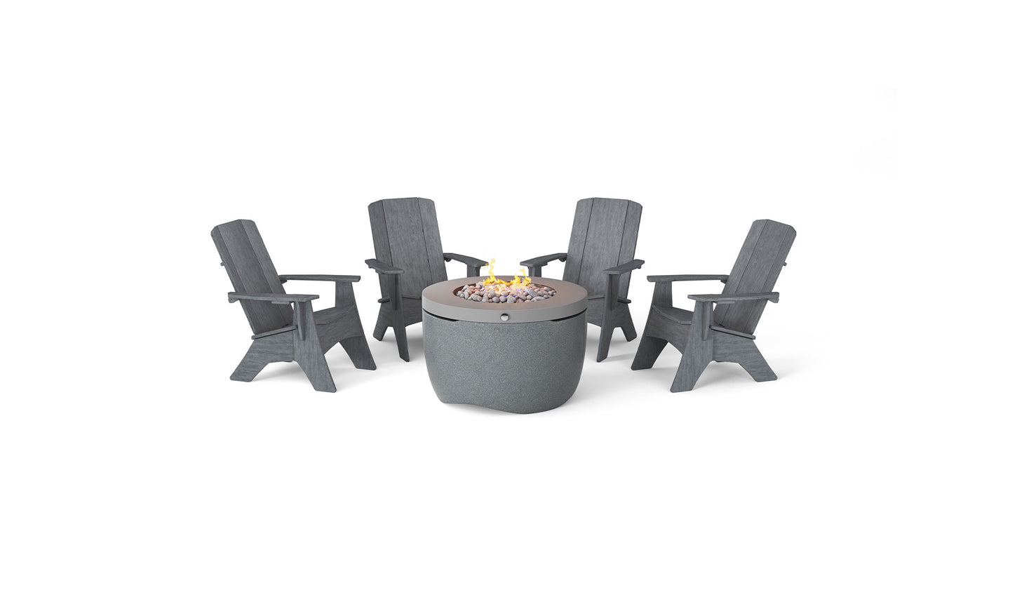 The Ledge Lounger Halo Aglow Bundle features a round outdoor fire pit table with a stone bowl and two candles, surrounded by four dark gray Adirondack chairs on a white background.