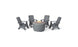 The Ledge Lounger Halo Aglow Bundle features a round outdoor fire pit table with a stone bowl and two candles, surrounded by four dark gray Adirondack chairs on a white background.