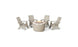 The Halo Aglow Bundle from Ledge Lounger features four beige Adirondack chairs arranged around a circular fire pit table with a smooth stone surface and decorative stones around the central flame, all set against a plain white background.