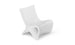The Autograph Chair by Ledge Lounger is a modern, minimalist white chair with smooth contours and a low seat, featuring a futuristic design. Its seamless ergonomic form rests on two wide, angled legs, ideal for relaxing in luxurious outdoor settings.