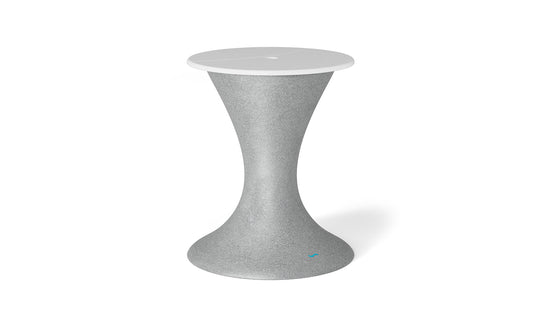 The Autograph Umbrella Stand Ice Bin by Ledge Lounger features a sleek hourglass design with a textured gray surface and smooth white round top, ideal as an indoor accent or innovative outdoor table, highlighting modern aesthetics.